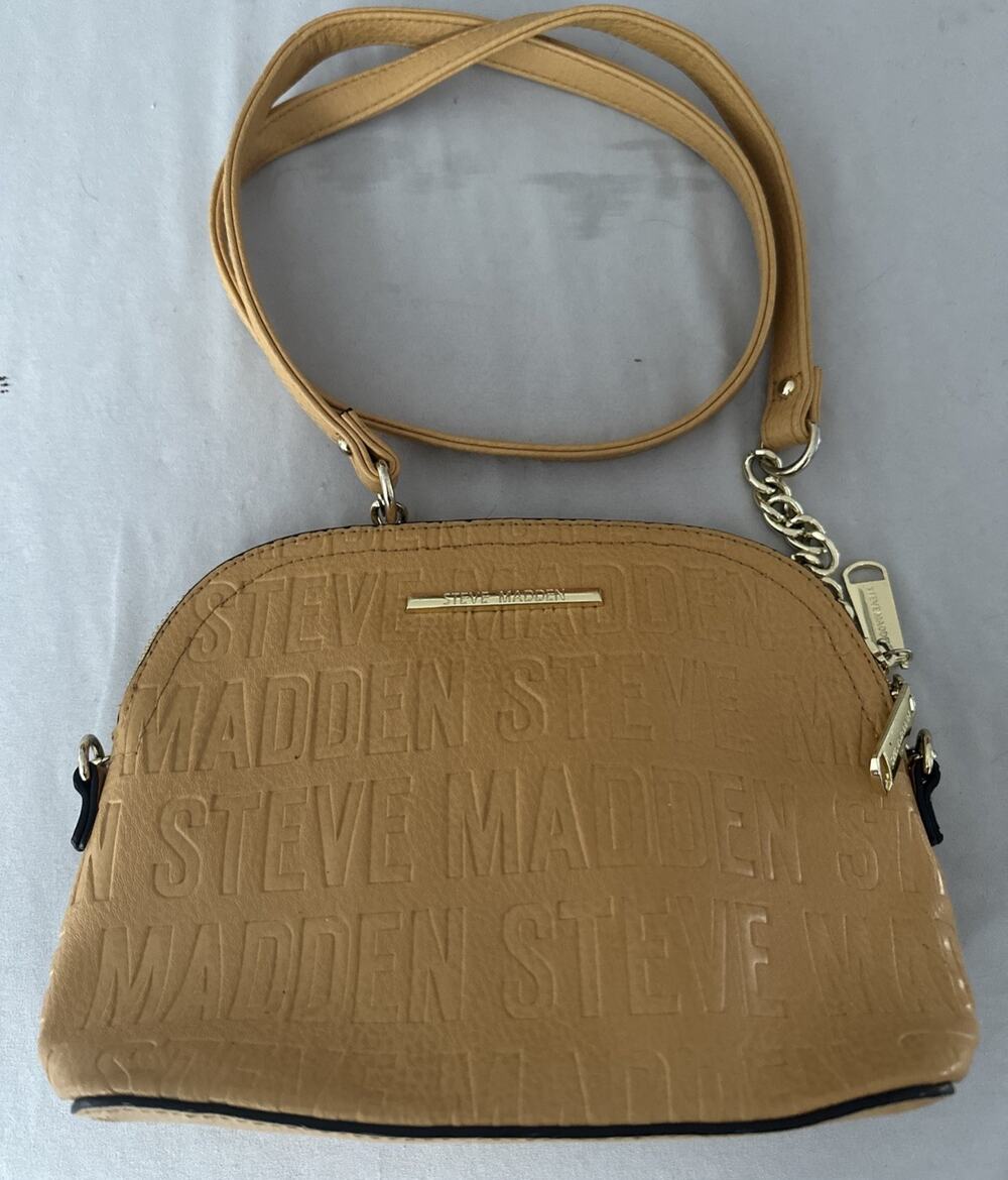 Steve Madden Purse Mustard Yellow Gold Chain Leather Straps Logo Crossbody Bag